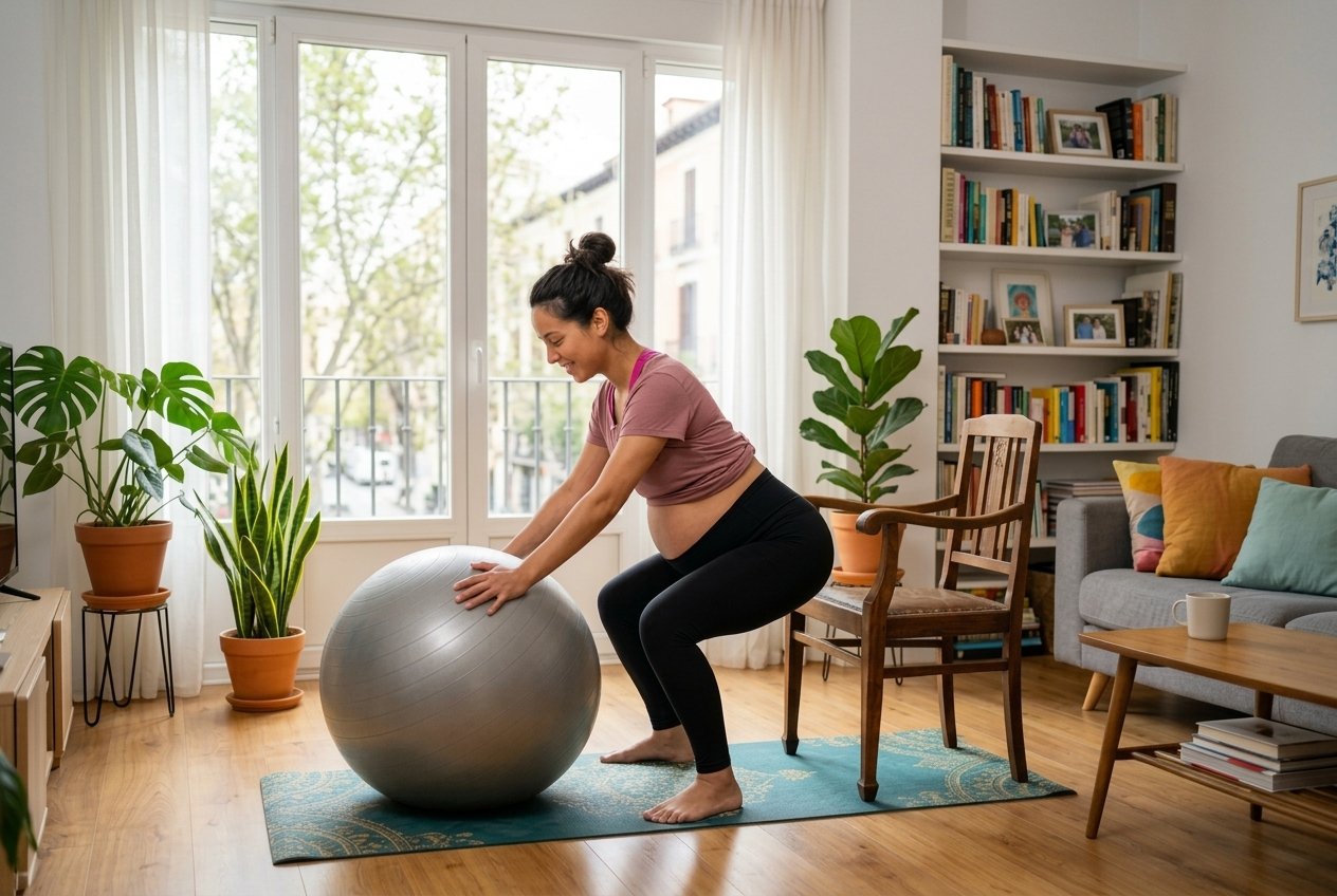 Una mujer embarazada con top rosa y mallas negras hace una sentadilla apoyándose en una pelota de pilates plateada sobre una esterilla en su salón, con plantas y una estantería de fondo.