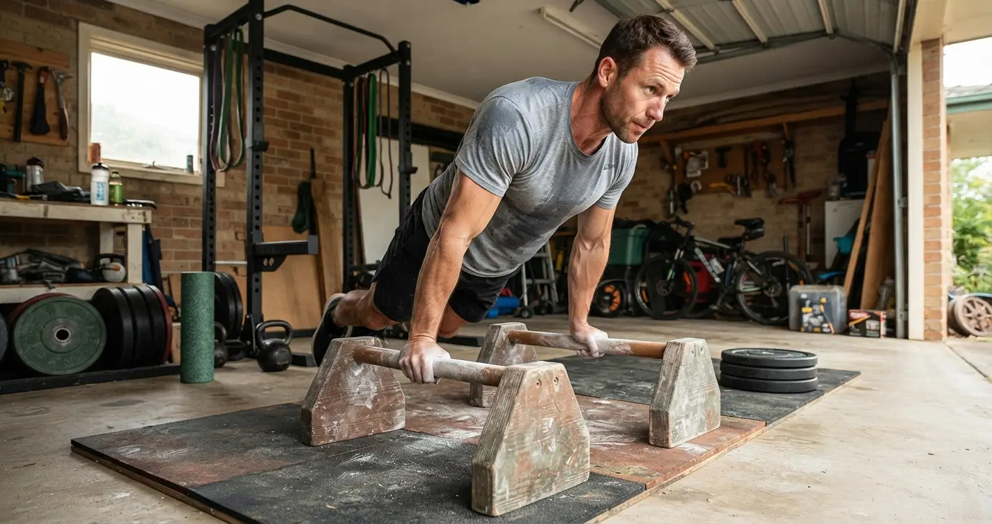 Hombre realizando ejercicio de calistenia para hombres +40 en casa
