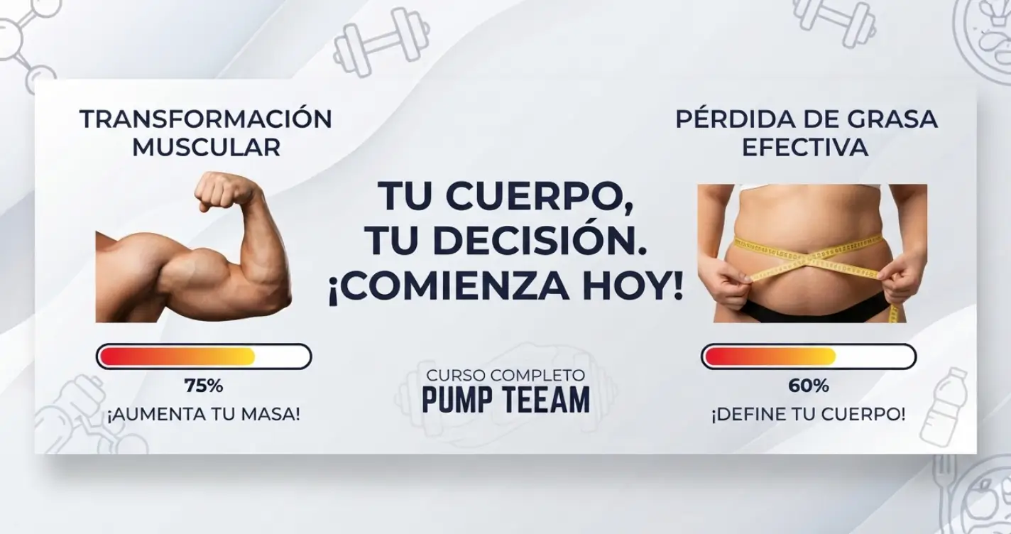 Infografía del curso Pump Teeam que muestra un brazo musculoso con 75% de progreso en aumento de masa y un torso midiendo grasa con 60% de progreso, con el lema "Tu cuerpo, tu decisión. ¡Comienza hoy!"