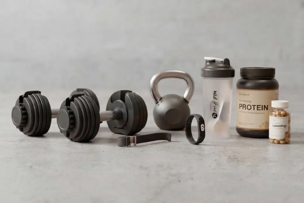 Conjunto de equipamiento deportivo sobre fondo de hormigón, incluyendo mancuernas ajustables, pesa rusa, batidora de proteínas, suplementos en polvo y cápsulas