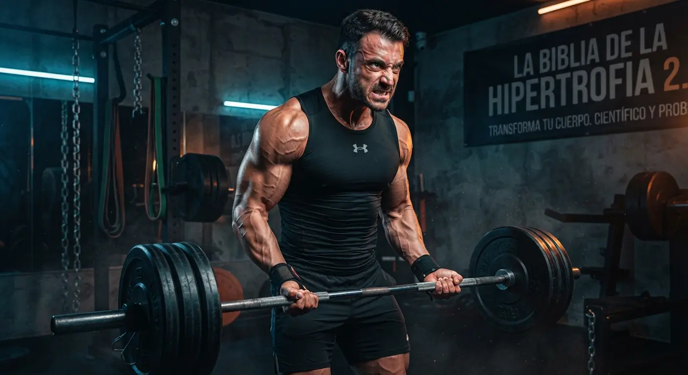 Fisoculturista musculoso y definido levantando pesas en un gimnasio oscuro, con expresión intensa, promocionando el curso "La Biblia de la Hipertrofia 2.0