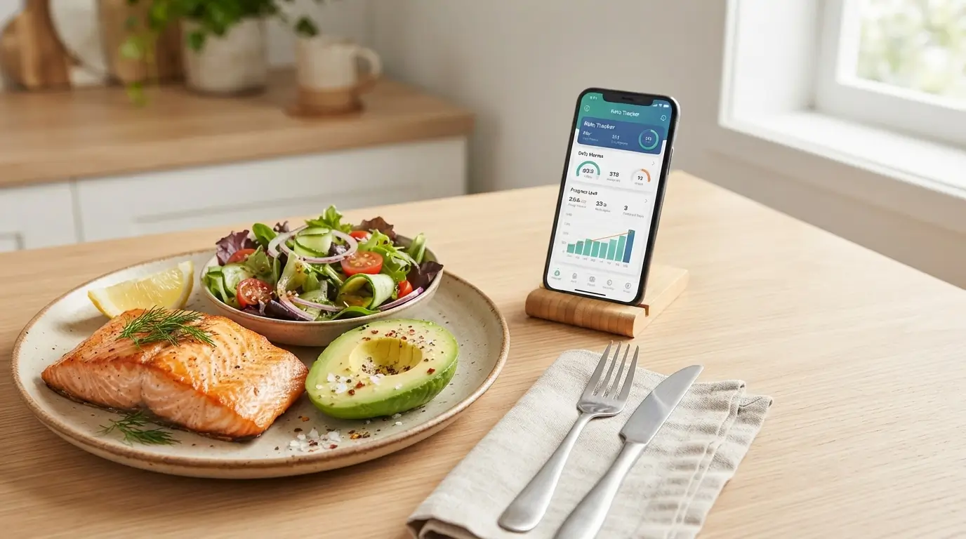 Plato de comida keto con salmón y aguacate para el plan keto para principiantes