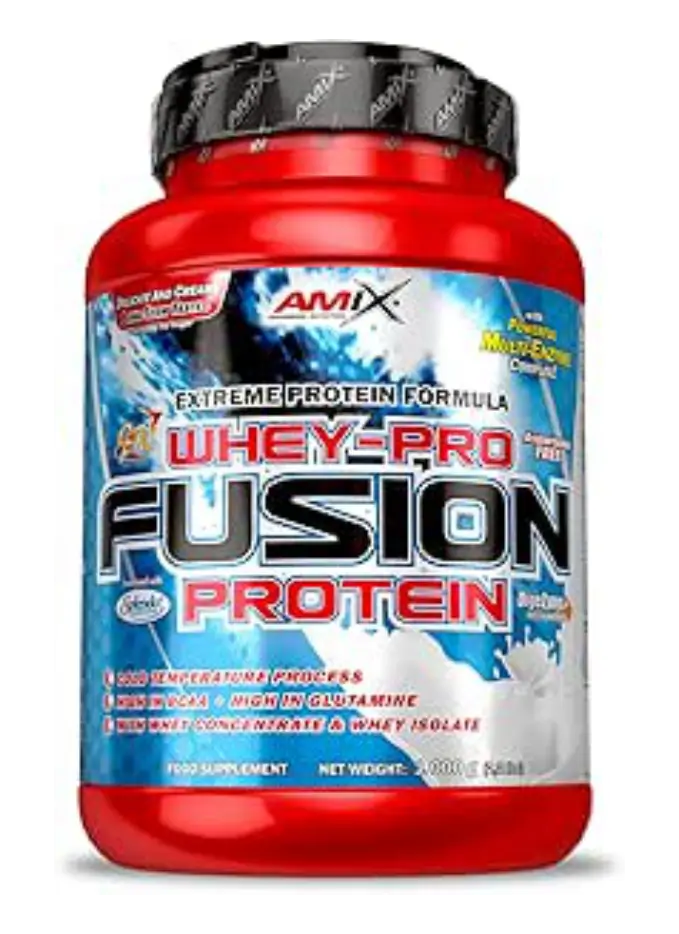 Bote de proteína AMIX Whey-Pro Fusion Protein de 1 Kg, concentrado de suero ultrafiltrado sabor chocolate. Suplemento deportivo en polvo.
