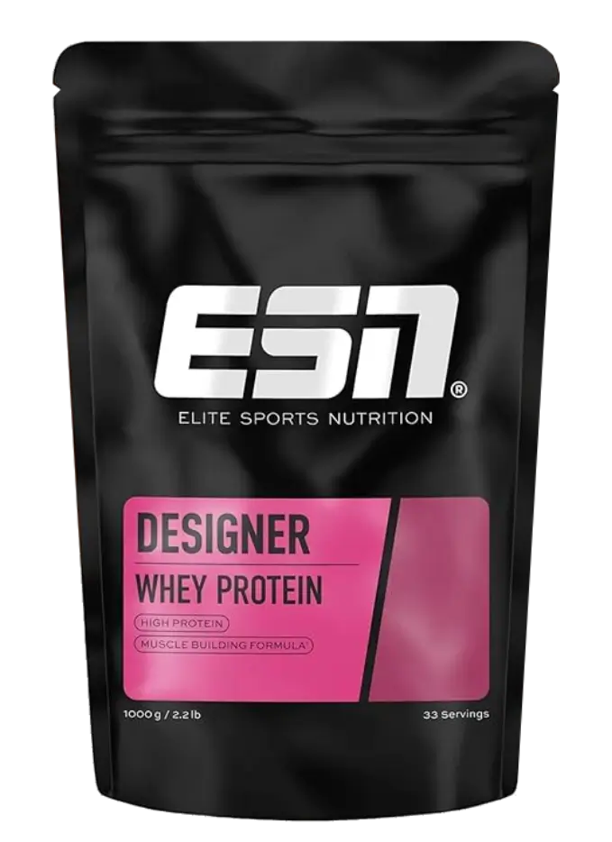 Bolsa de proteína ESN Designer Whey Protein de 1000g (2.2 lb), fórmula para el desarrollo muscular con 33 servicios. Suplemento deportivo en polvo.