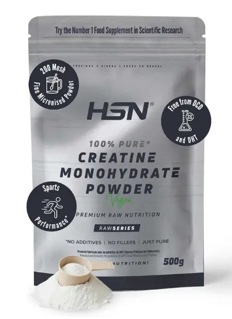 Bolsa de creatina monohidrato RawSeries de HSN 500g, suplemento puro vegano en polvo con cacito dosificador, ideal para mejorar el rendimiento deportivo.