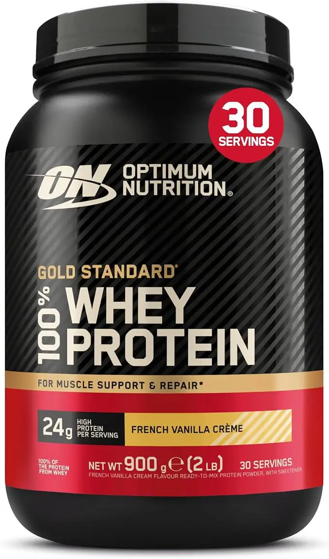 Bote de proteína Optimum Nutrition Gold Standard 100% Whey de 2.28 kg, sabor Vainilla Francesa, con 24g de proteína por servicio. Suplemento deportivo en polvo.