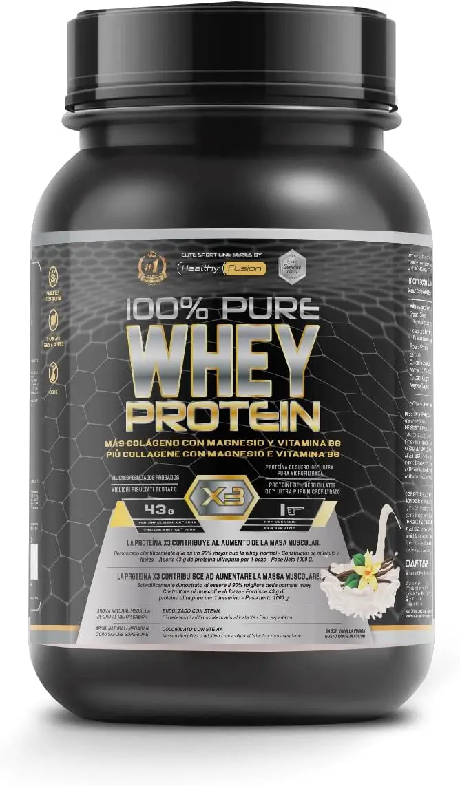 Bote de proteína 100% Pure Whey Protein de Healthy Fusion de 1000g, con colágeno, magnesio y vitamina B6. Suplemento deportivo en polvo.