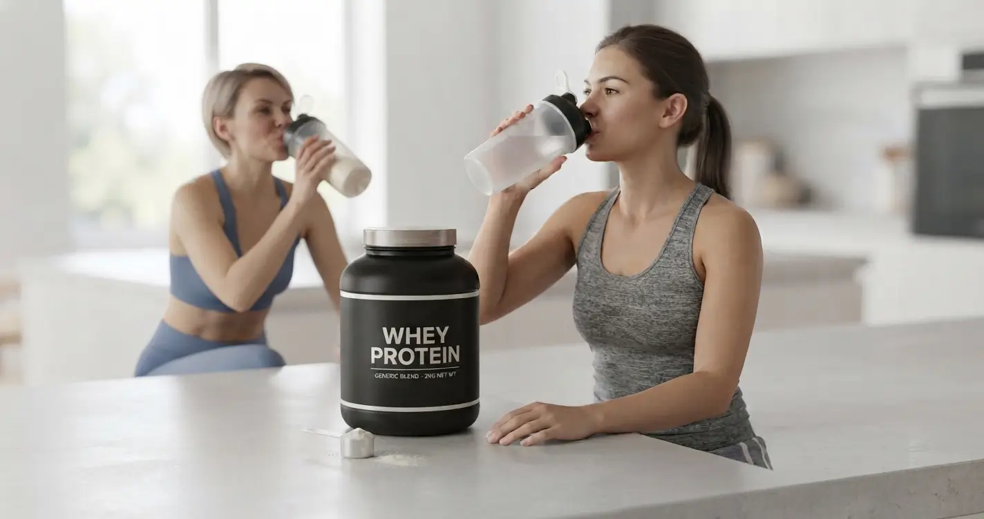 Dos mujeres en ropa deportiva sentadas en una encimera de cocina moderna, una bebiendo de un shaker y otra al fondo, con un bote de 'Whey Protein - Generic Blend - 2kg Net Wt' y un cacito de polvo en primer plano