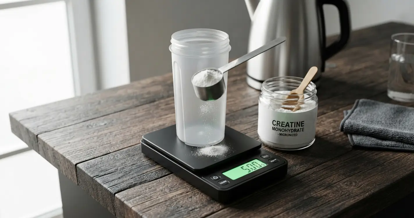 Primer plano de una báscula digital negra pesando 5.00g de creatina monohidrato micronizada en polvo, con una cuchara dosificadora vertiendo el suplemento en un shaker vacío sobre una mesa de madera rústica. Al fondo, un bote de cristal de la marca "CREATINE MONOHYDRATE MICRONIZED" y un vaso de agua.